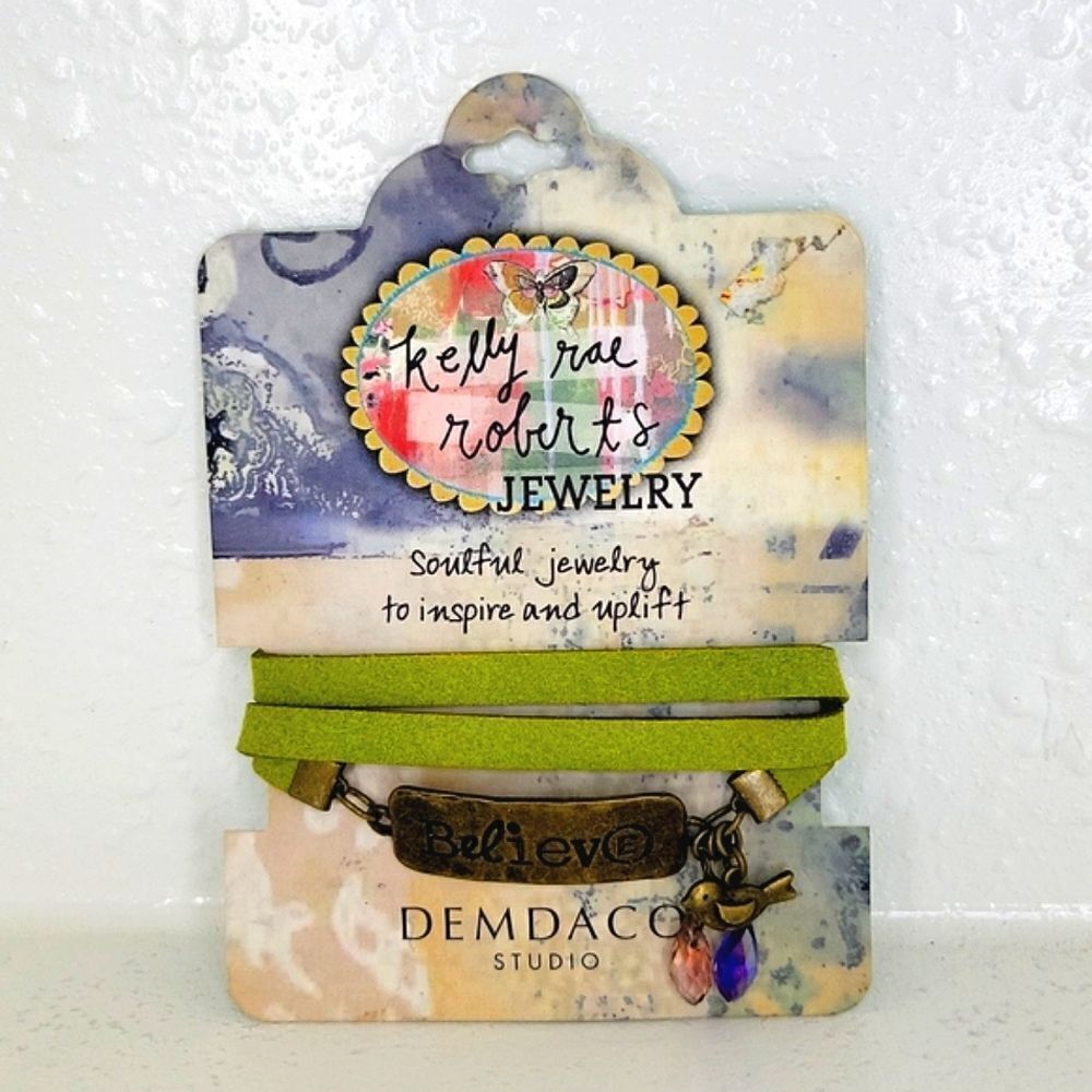 New Kelly Rae Roberts "Believe" Olive Green Ribbon Wrist Wrap Hook Boho Bracelet
